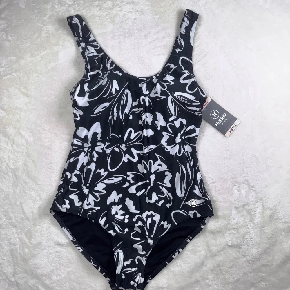 Hurley One Piece Swimsuit Women Small‎ Black White Floral UPF 50+ HSO1030